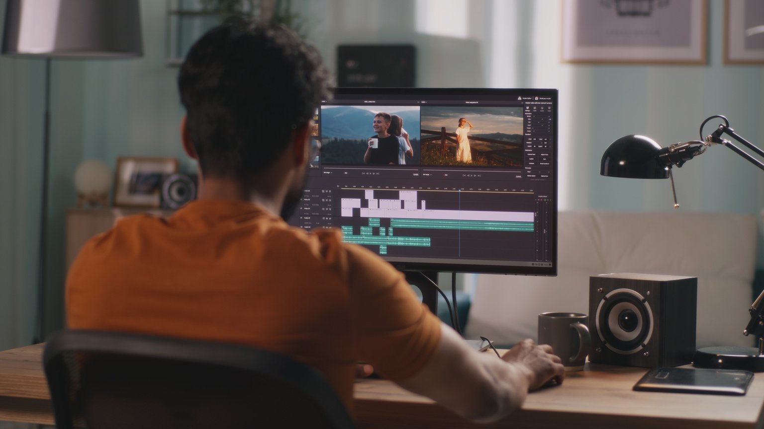 Man editing video on computer